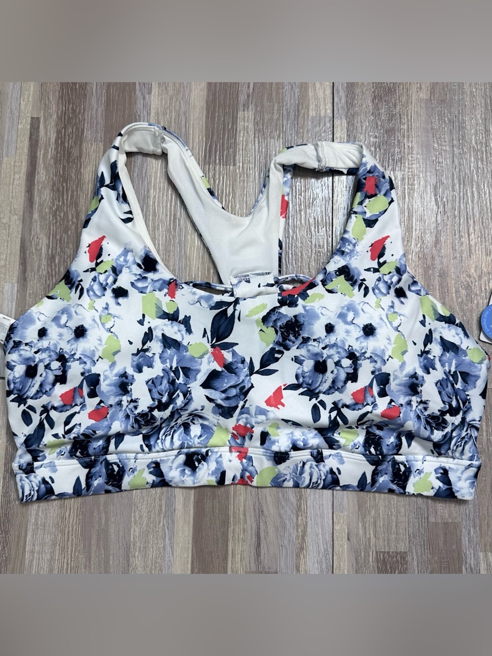 Marika White Floral Racerback Sports Bra with Blue and Red Accents size XXL